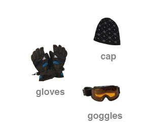 gloves, goggles and cap