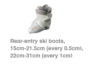 Rear-entry ski boots, 15cm-21.5cm (every 0.5cm), 22cm-31cm (every 1cm)
